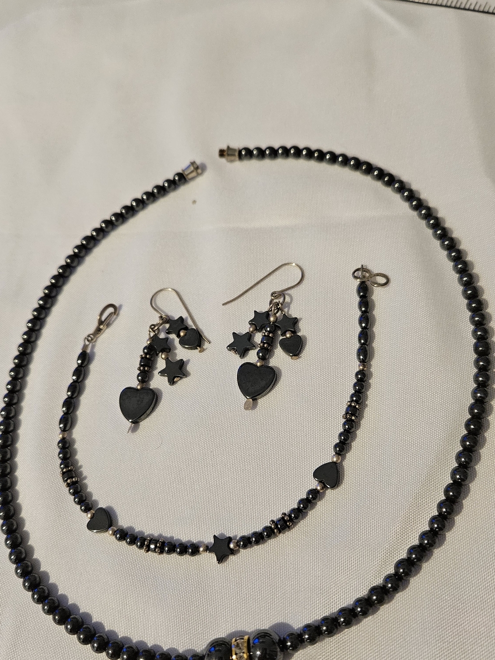Black Hematite Heart & Star Jewelry Set - Necklace, Bracelet, Earrings
